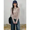 Camiseta de manga larga a rayas Melard para mujer, primavera/otoño, corte ajustado, estilo casual retro, top básico, hombro normal, estilo para ir al trabajo