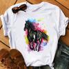 Camiseta divertida con estampado de animal de caballo de dibujos animados para mujer, camiseta con estampado de anime Harajuku, cuello redondo