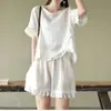 Novo Conjunto de Verão 2026: Blusa Solta Irregular de Algodão e Linho, Shorts Casuais Largos Plus Size, Conjunto Artístico de Duas Peças
