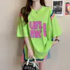 Camiseta de Manga Corta de Algodón Puro Estilo Perezoso Casual con Graffiti de Letras Estilo Americano Retro para Mujer Top Holgado con Estampado de Líneas de Color Contrastante