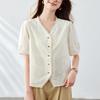 Camisa Bordada Algodão Cocoon Damasco Feminina Manga Curta 2026 Verão Novo Estilo Renda Decote V Top Camisa 100% Algodão
