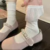 Meias de Renda Vazada Estilo Ballet para Mulheres, Série Miu, Meias Finas Respiráveis de Cano Médio para Primavera e Verão, Meias de Algodão Cinza, Meias Largas
