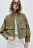 Popular chaqueta de trabajo retro militar verde de gamuza sintética con cuello alto para mujer, abrigo corto casual suelto versátil para primavera y otoño