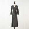 Vestido Largo Nuevo de Estilo Europeo y Americano para Primavera y Otoño con Cuello en V, Lazo, Mangas Largas y Diseño Cruzado Estampado para Mujer Pgdvf