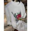 26 Nuevo Estilo de Principios de Primavera Algodón Lino Sensación de Piel Lavado con Enzimas de Aire Estilo Americano Ilustración de Nueva York Camisa de Cuello Redondo Manga Corta Oversize