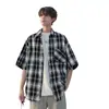 Camisa Xadrez de Manga Curta Transfronteiriça para Homens, Novo Estilo de Verão, Jaqueta Xadrez de Manga Meia-Manga Estilo Americano Tendência, Top Solto Casual