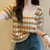 Blusa de Tricô Listrada Retro com Gola U de Manga Curta para Mulheres, Estilo Verão Crochê Vazado, Blusa Curta Soltinha Petite