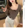 Camiseta Básica de Punto de Encaje Cuello Cuadrado para Mujer 2024 Nuevo Estilo Melard Ropa Interior Suéter con Lazo Bloqueo de Color Top de Cuello Bajo