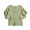 2026 Estilo Europeo y Americano Primavera Mujer Top Verde de Mangas Abullonadas Camisa de Manga Corta 82949