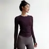 Top de Yoga Feminino Outono e Inverno Camiseta Esportiva Roupa de Treino para Pilates Fitness Manga Longa Alta Elasticidade Gola Redonda Camada Base Outono e Inverno