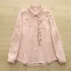 Estilo Literario Vintage Solapa Industria Pesada Bordado Un Botón Manga Larga Hilo de Algodón Camisa para Mujer Ropa de Primavera Estilo Académico Camisa