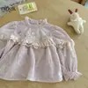 Camiseta de Algodão Manga Longa Menina Limão Mangas Bufantes Bordado de Renda Estilosa Infantil Menina Bud Top Primavera Outono