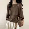 Xale tipo capa de tricô marrom para mulheres, novo estilo de início de outono, plus size, ligeiramente solto, blusa falsa de duas peças