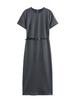 Vestido profissional para todas as combinações, de cor sólida, com gola redonda e manga curta, para mulheres europeias e americanas, 2024
