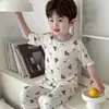 Pijama Masculino Verão Infantil Manga Curta Tamanho Médio e Grande Infantil Masculino Ar Condicionado Roupa de Casa Verão Fino Modal Seda de Gelo Conjunto