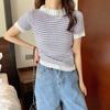 Estilo Verano Nuevo Transfronterizo Francés Xiaoxiang Tiene Base ~ Elegante Camiseta de Mujer con Rayas en Contraste Tejido de Punto Manga Corta para Mujer