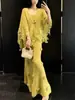 Elegante conjunto de dos piezas con cárdigan de punto floral tridimensional y encaje y vestido, nuevo conjunto de suéter de otoño para mujer