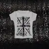Camiseta de Manga Corta Ajustada Estilo Gótico Retro Americano Y2K Europeo y Americano Transfronterizo Patrón de Cruz Pedrería Harajuku Cuello Redondo
