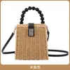 Bolsa de Ombro de Ráfia com Alça de Corda e Contas de Madeira Fofas, Bolsa de Palha Tecida Estilo Verão Praia Floresta, Fecho de Metal, Bolsa de Ombro Tecida