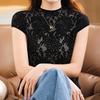 Moda 2024 chaleco de lana peinada Nuevo cuello alto medio encaje hueco camiseta interior para mujer jacquard top de manga corta