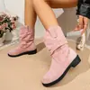 Otoño 2026 Nuevas Botas de Gamuza Retro de Talla Grande Hasta la Pantorrilla con Cruces, Punta Redonda, Tacón de Cuña Fruncido, Caídas Hasta la Pantorrilla para Mujer