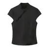 Comercio exterior transfronterizo al por mayor de ropa de mujer de estilo europeo y americano, blusa de satén de seda de moda y elegante estilo chino con decoración de botones laterales
