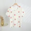 Camiseta de Manga Corta con Cuello en V y Estampado Floral de Algodón y Seda, Nueva de Verano 2025, Suelta Casual para Casa