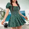 Traje de baño de una pieza estilo falda, conservador, de manga corta, plisado, de alta gama, con estampado de girasol bicolor para mujer