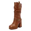Nuevas Botas de Media Pantorrilla Caídas Estilo Europeo y Americano con Hebilla de Cinturón Tacón Alto Botas para Discoteca Botas de Montar Talla Grande 40-48 Botas de Comercio Exterior
