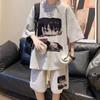 Traje de gofres americano 2024 para hombre, verano, nueva marca de moda, manga corta, estilo Ins. Conjunto Deportivo de Dos Piezas para Pareja Estilo Hong Kong