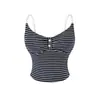 Camisole Picante Estilo Americano de Cintura Alta com Botões no Peito, Regata Curta Listrada Color Block Slim Fit de Verão para Mulheres