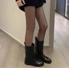 ¡En Stock! Piel de Vaca~Nuevas Botas de Estilo Coreano sin Cordones, Adelgazantes de Pierna Ancha, Botas de Cuero Genuino de Tacón Bajo hasta la Mitad de la Pantorrilla para Otoño e Invierno, Botas Martin