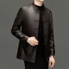 Chaqueta de piel genuina de alta gama, chaqueta de piel de oveja para hombre con cierre de botones estilo chino, abrigo estilo chino para otoño e invierno, chaqueta de cuero china con cuello mao