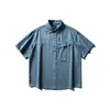 Camisa Jeans com Bolsos Lavados Design Retrô Japonês Rumeng Masculina Verão Solta Streetwear Outdoor Roupa de Trabalho Manga Curta