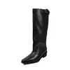 Botas de Cavaleiro Femininas em Couro de Cavalo, Botas Longas de Cano Alto, Novo Modelo Outono/Inverno, Couro Genuíno por Dentro e por Fora, Bico Quadrado, Salto Médio Robusto, Botas de Encaixar Acima do Joelho para Mulheres