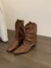 Primeiro Encontro Temporada Nicho Botas de Cano Curto Salto Alto Botas Femininas 2026 Nova Primavera/Outono Botas Simples Bico Fino Retrô Meio da Panturrilha Western