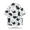 Camisa de Manga Curta com Estampa de Gato Graffiti Estilo Havaiano para Homens e Mulheres Camisa Drapada para o Trabalho Design de Jaqueta de Meia Manga