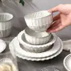 Louça de Mesa Cerâmica Criativa Estilo Japonês Retrô com Listras Onduladas, Tigelas de Arroz com Esmalte Branco, Tigelas de Sopa, Pratos para Legumes, Pratos para Peixe e Molheiras