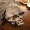 Gorro de Lana a Rayas Estilo Coreano para Mujer Otoño/Invierno Tejido Adelgazante para la Cara Circunferencia de Cabeza Grande Cálido y Versátil Bordado de Perro Pequeño