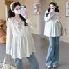 Otoño 2026 Ropa de Maternidad Dulce Cuello en V Patchwork Manga Larga Babydoll Nueva Estilo Coreano Holgado Cubre Vientre Top de Maternidad