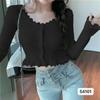 Casaco cardigan de malha de renda para mulheres 2024 Novo top curto de manga comprida com costura elegante e simples para mulheres