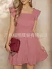 Vestido de Verano Nuevo Color Puro Cuello Redondo Manga Corta Falda de Pastel Plisada Falda Línea A Casual Amazon Europeo y Americano 2025