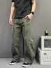 Calça casual de perna larga com textura macia e design retrô para homens e mulheres, calça de trabalho vintage verde militar, calça curva de corte solto