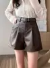 Pantalones Cortos Casuales de Piel Sintética Negra para Mujer 2024 Otoño e Invierno Nuevo Diseño de Pantalones Cortos Cintura Alta Aspecto Adelgazante Pierna Ancha Pantalones de Base para Botas