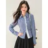 Camisa xadrez azul com renda, blusa de manga comprida vintage francesa, blusa de design nicho