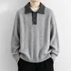 Suéter Polo Masculino de Cor Contrastante Outono Inverno Gola Revers Tricô Retrô Solto Masculino Casual Camada Base de Tricô Top