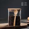 Tanque de almacenamiento cuadrado de vidrio sellado al por mayor de fábrica con cuchara de madera, caja para condimentos, caja de suministros de cocina, tanque de almacenamiento para granos de café
