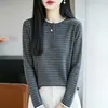 Suéter de Punto de Lana con Bloques de Color Cuello Redondo Semiabierto para Mujer Otoño Invierno Nuevo Agradable a la Piel Versátil Ajustado Rayado Capa Base Suéter Moderno