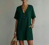 Vestido de algodão e linho estilo resort boêmio transfronteiriço europeu e americano para mulheres, 2026, decote V profundo, meio botão, manga curta