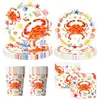 Las nuevas decoraciones de fiesta de cumpleaños de Amazon con temática de cangrejo del mundo submarino incluyen vajilla desechable como platos de papel, vasos de papel y servilletas de papel